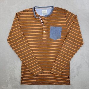 Lindbergh Pullover Shirt Men XL Henley Stripe Chambray Pocket Long Sleeve Casual